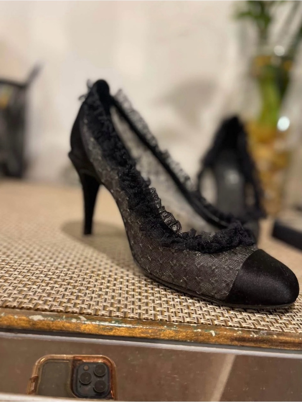 CHANEL Black Lace-Trim Cap-Toe Heels